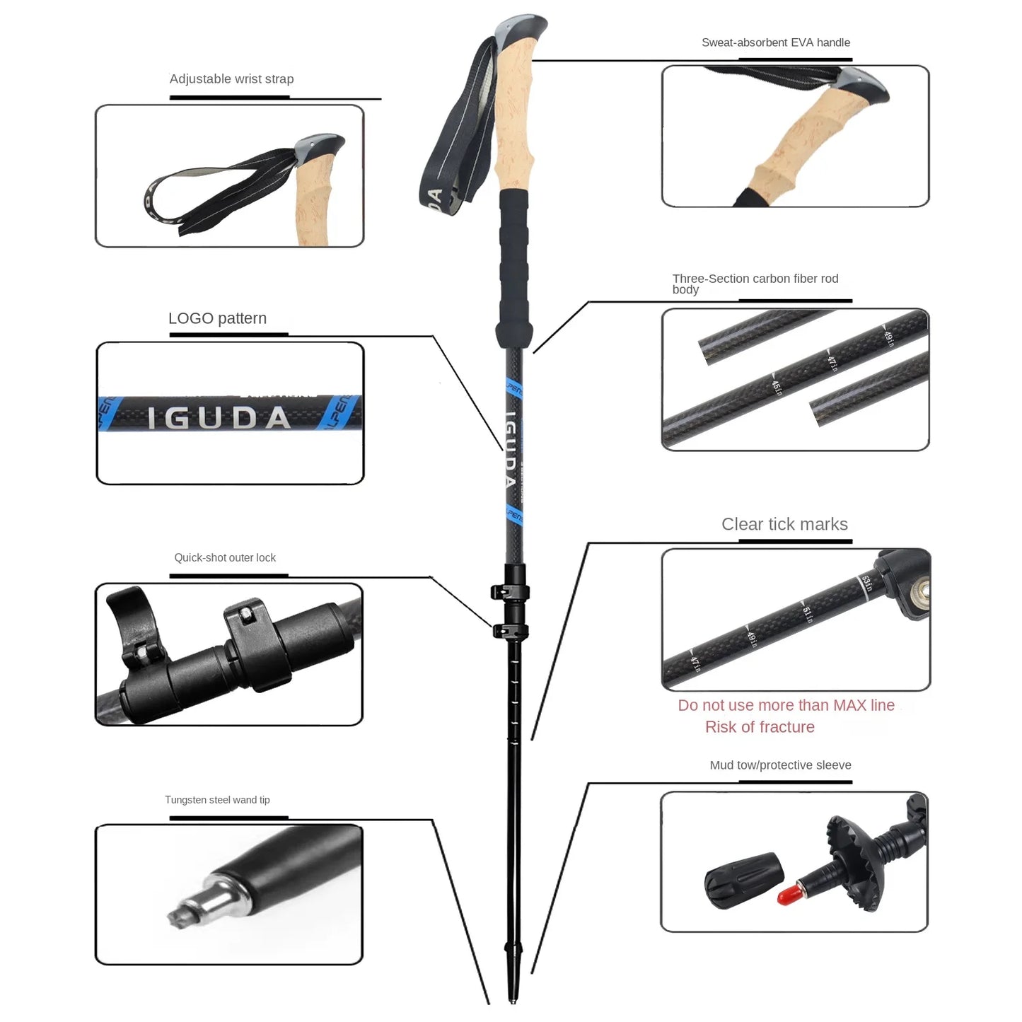 Trekking Poles Carbon Fiber Collapsible Telescopic Sticks Lightweight Walking Hiking Stick Climbing Stick Telescopic Cane
