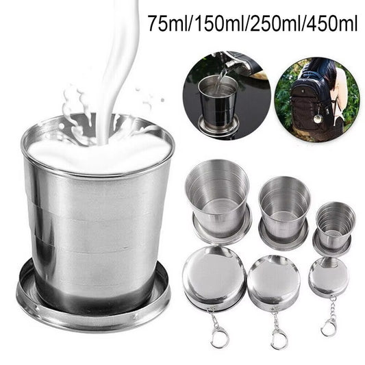 Stainless Steel Collapsible Travel Cup – Folding Telescopic Mug with Lid & Keychain for Hiking, Camping, Backpacking | Hike This Supply