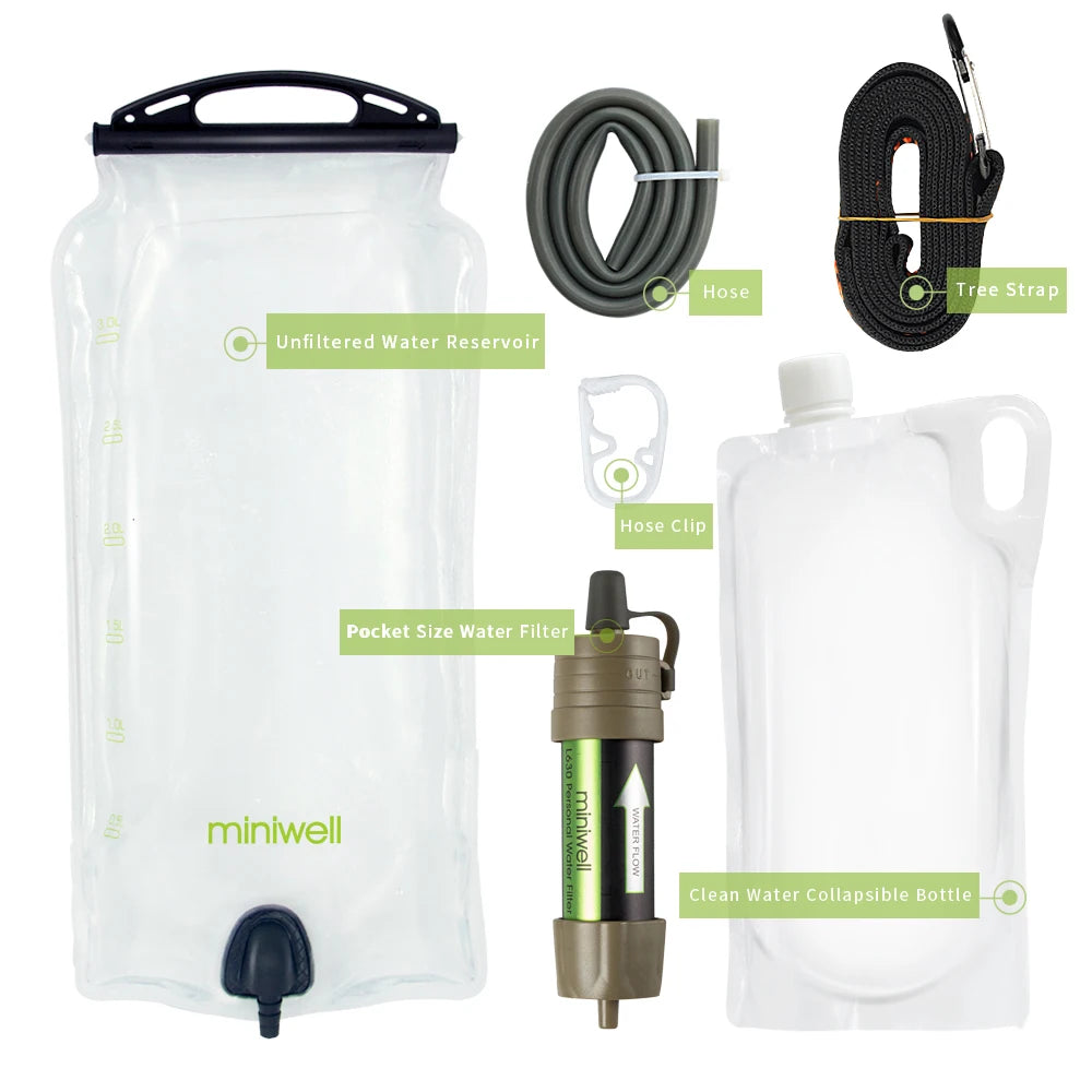 Miniwell Gravity Water Filtration System – Portable 3L Filter Kit for Hiking, Camping & Emergency Use| Hike This Supply