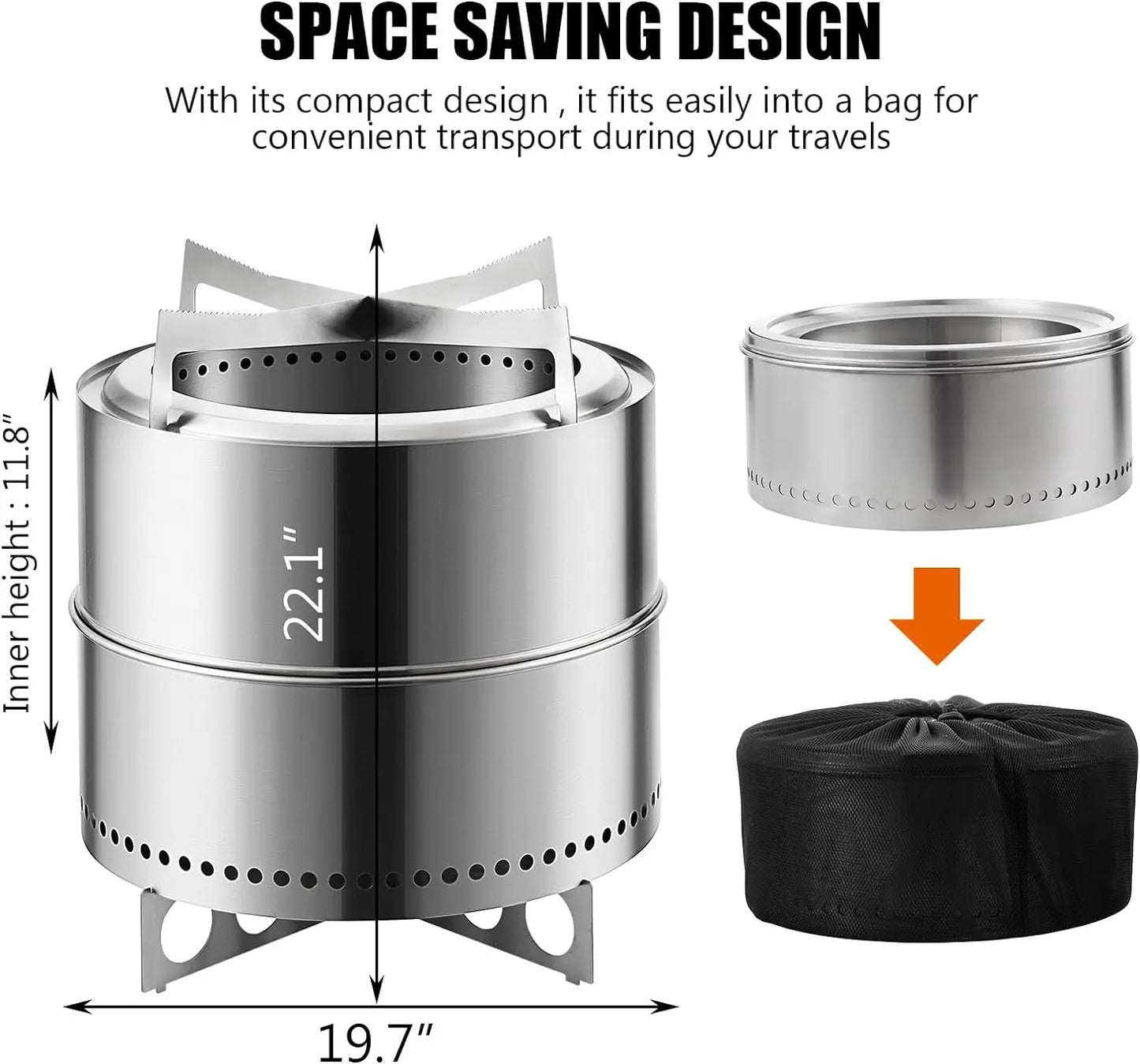 19" Smokeless Fire Pit with Stand, Stainless Steel Wood Burning Fireplaces,Removable Ash Pan,Outdoor Backyard Patio Firepit | Hike This Supply