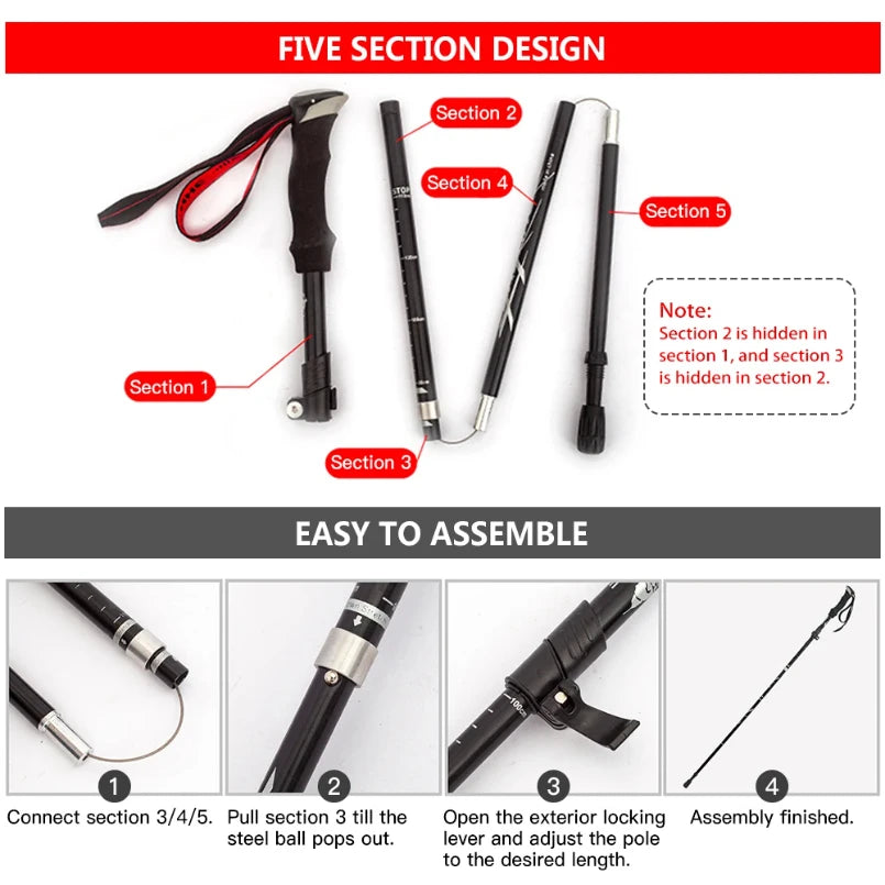 Ultra Lightweight Collapsible Trekking Pole Five-Fold Walking Stick for Hiking Camping Backpacking Aluminum Alloy Trekking Pole