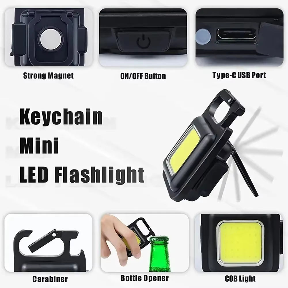 Mini USB-C Rechargeable Keychain Flashlight – 800 Lumen COB Work Light with Magnetic Base, Bottle Opener & 4 Modes | Hike This Supply