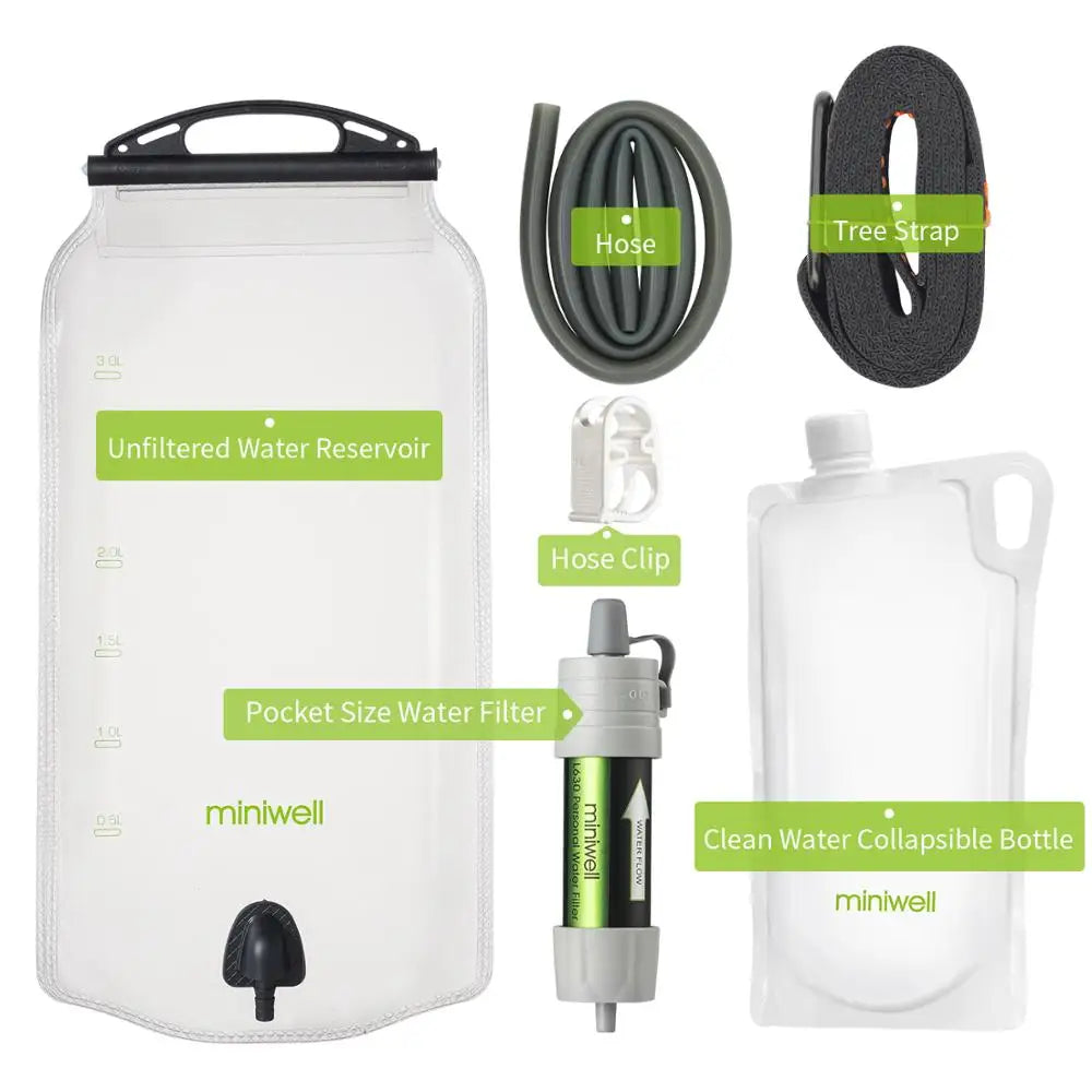 Miniwell Gravity Water Filtration System – Portable 3L Filter Kit for Hiking, Camping & Emergency Use| Hike This Supply
