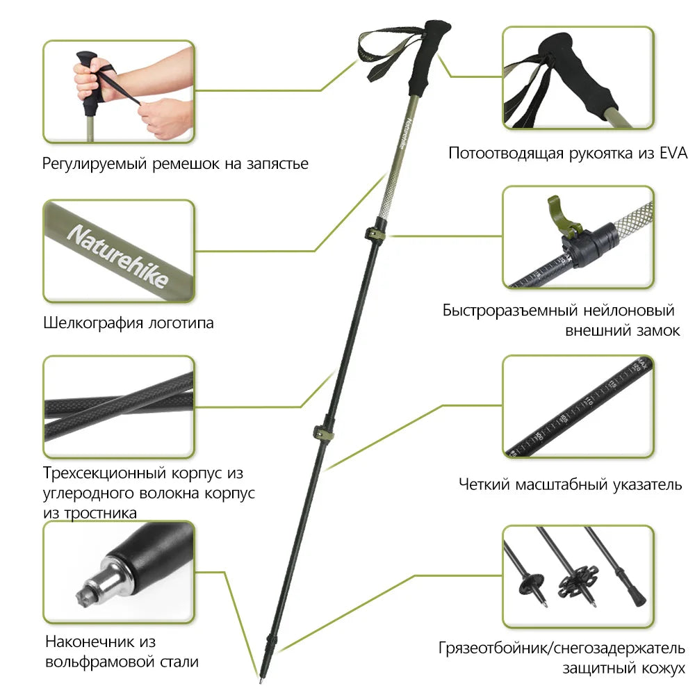 Trekking Pole Outdoor Climbing Poles Carbon Fiber 3 Section Retractable Poles Ultralight Walking Hiking Portable