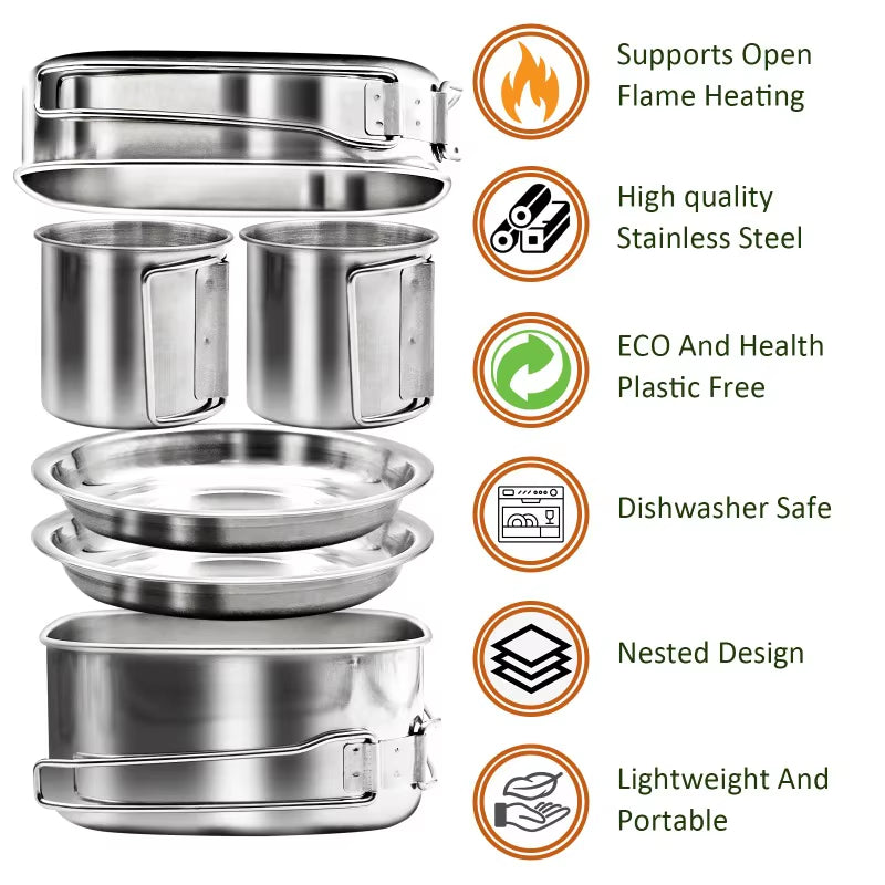 6-Piece Stainless Steel Camping Cookware Set – Portable Mess Kit with Pot, Pan, Plates & Cups for Hiking, Backpacking & Bushcraft | Hike This Supply