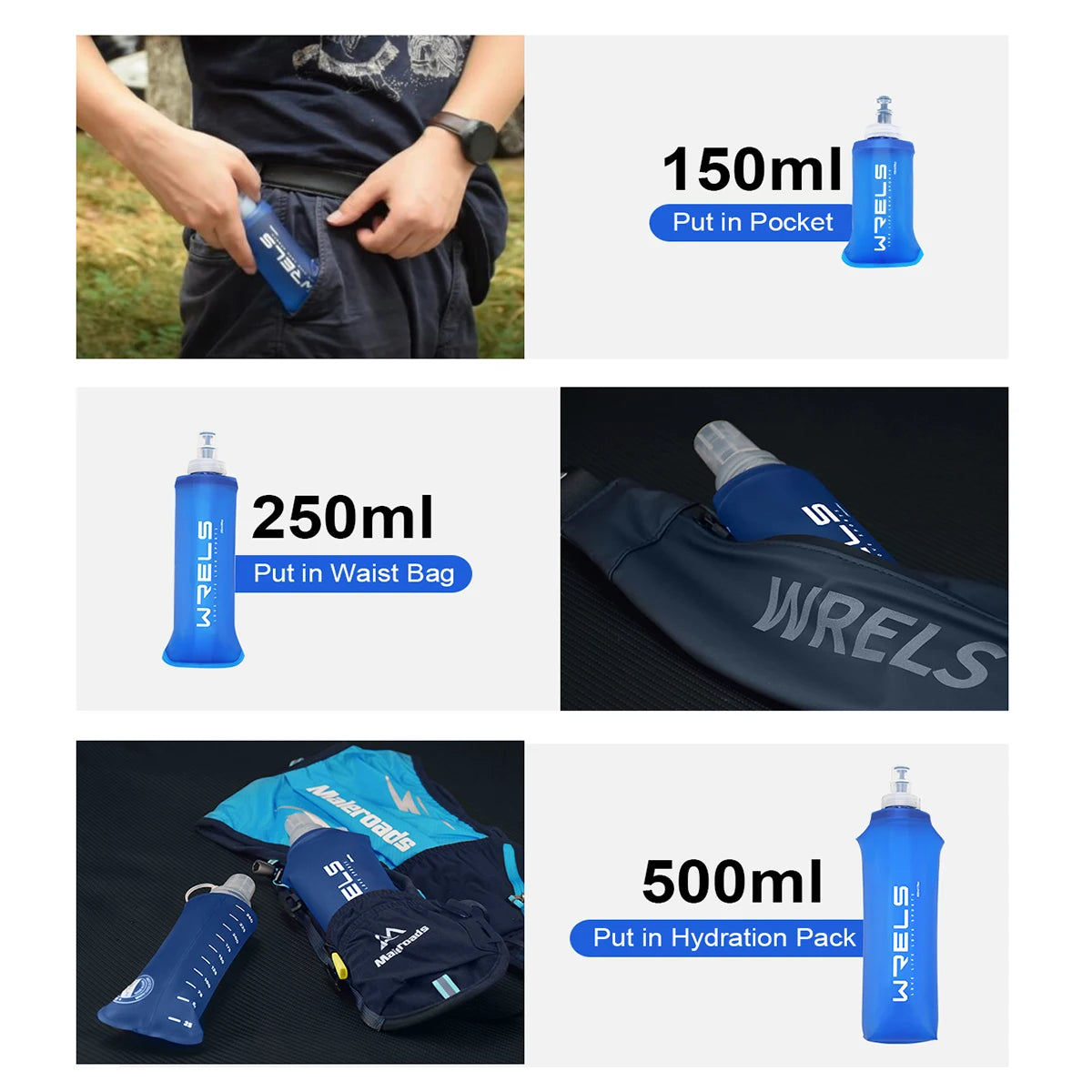 WRELS Collapsible Silicone Water Bottle – 150ml 250ml 500ml