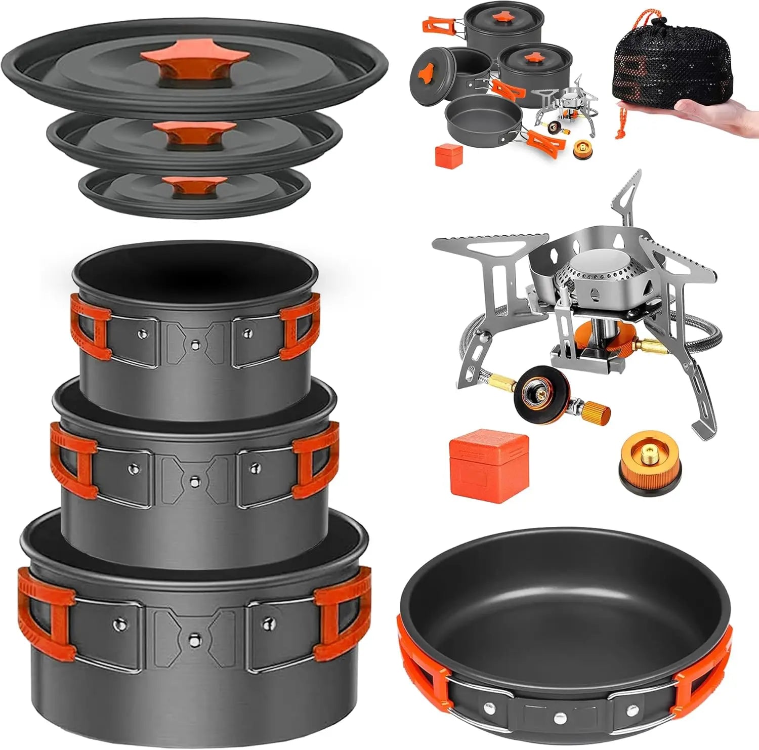 Camping Cookware Mess Kit Set with Stove - Backpacking Camping Pots and Pans Set All in One Non-Stick Camping Cooking Set Portab