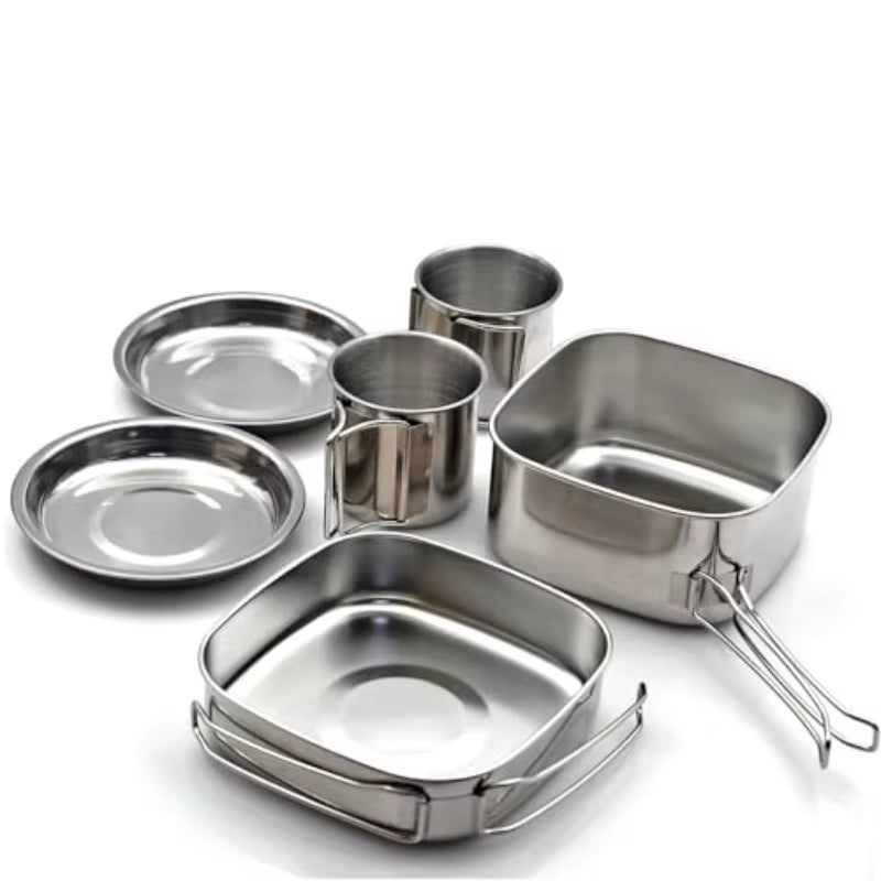 6-Piece Stainless Steel Camping Cookware Set – Portable Mess Kit with Pot, Pan, Plates & Cups for Hiking, Backpacking & Bushcraft | Hike This Supply