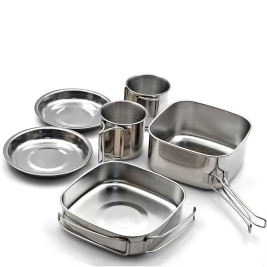 6-Piece Stainless Steel Camping Cookware Set – Portable Mess Kit with Pot, Pan, Plates & Cups for Hiking, Backpacking & Bushcraft | Hike This Supply
